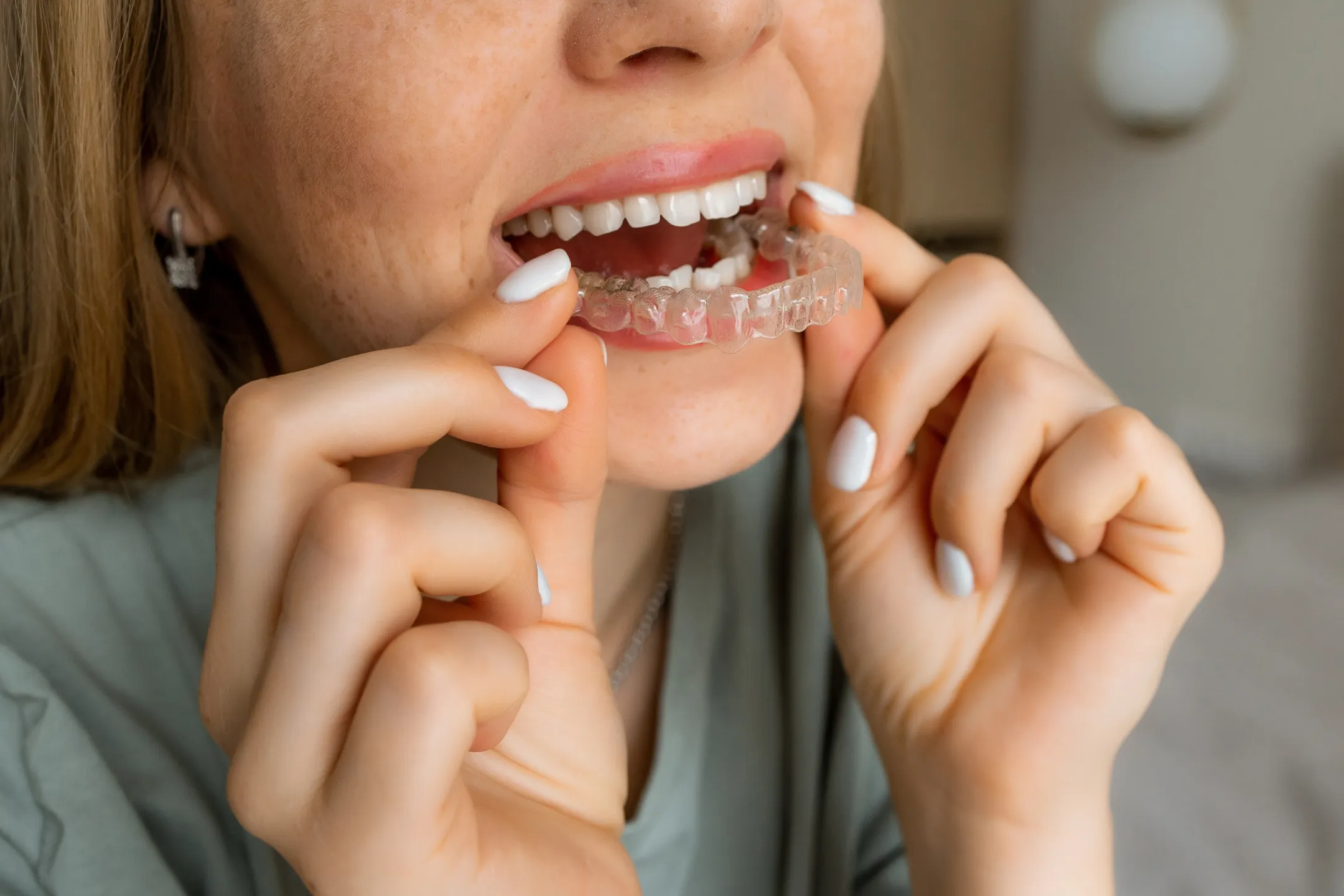 Woman with white nails holding a clear dental aligner near her open mouth.