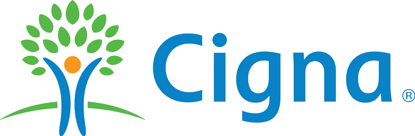Cigna logo with a stylized person under a tree with green leaves and an orange circle head.